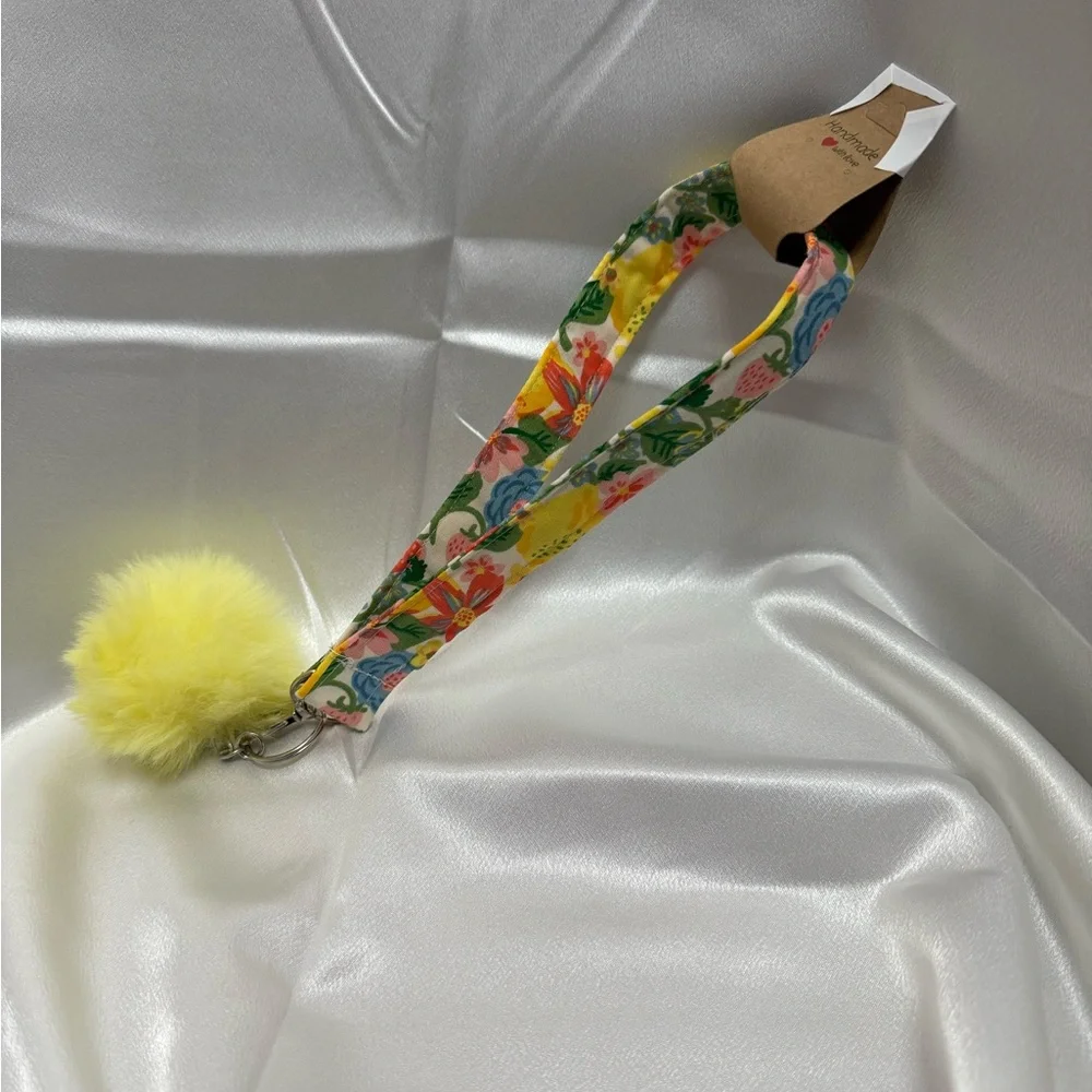 Handmade Lemon and Floral Wristlet Keychain with Yellow Pompom